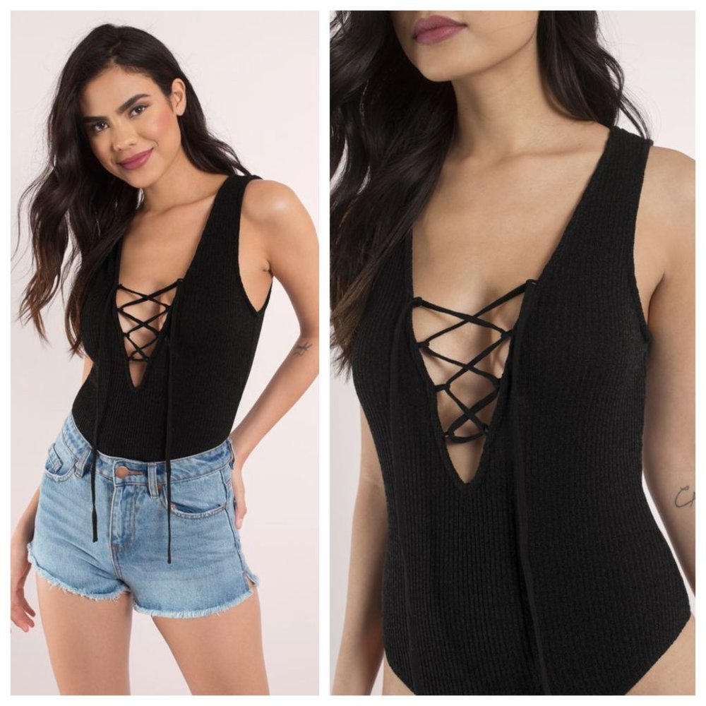 Tobi Black Rib Knit Lace Up Bodysuit